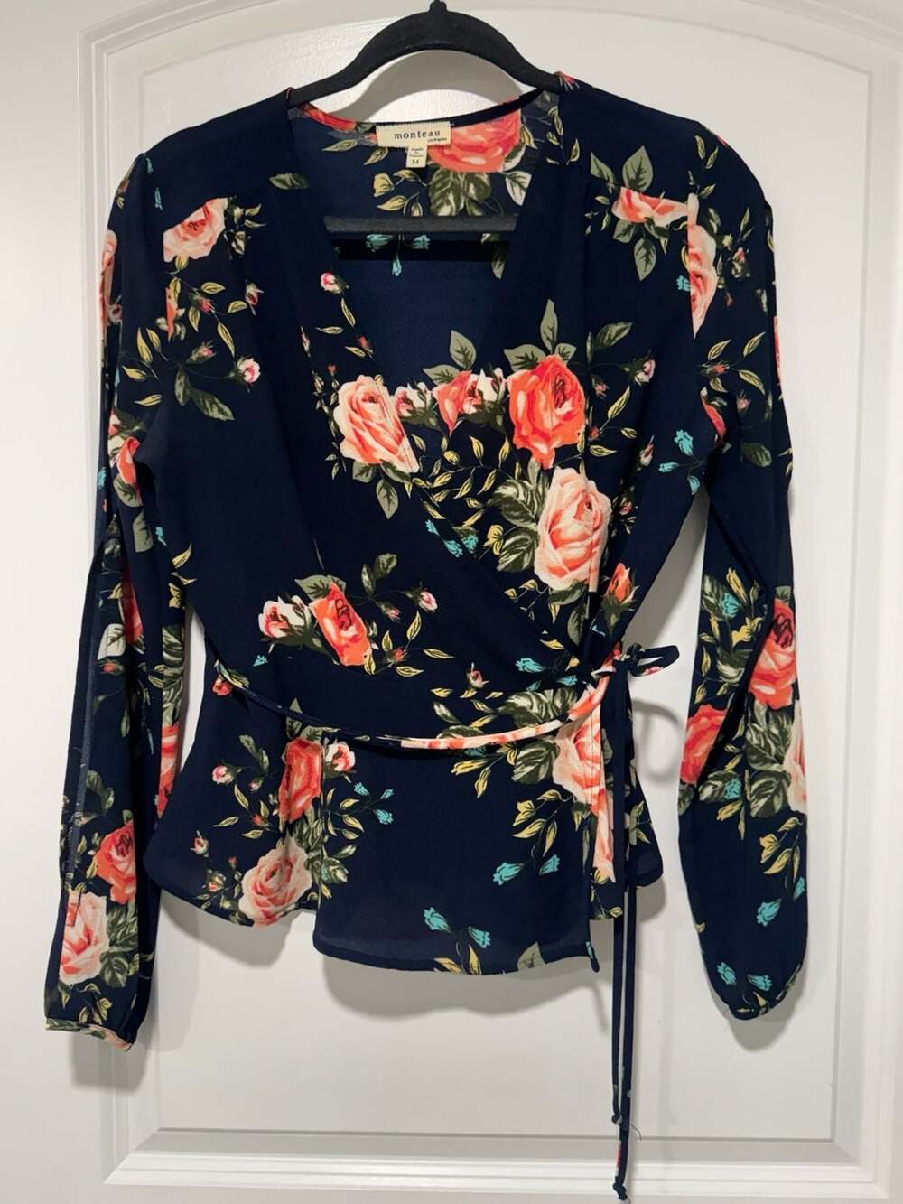 Navy Floral Wrap Blouse Slit Sleeve Tie Waist Romantic Boho Women’s M